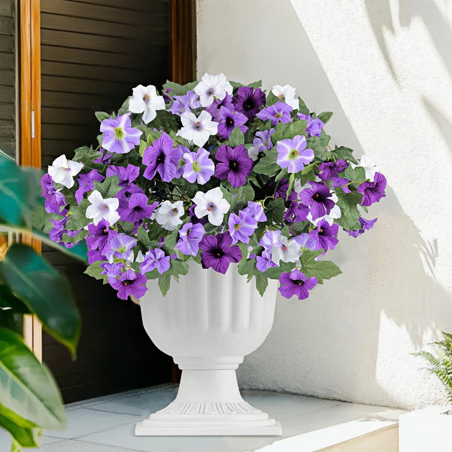 Artificial Flowers for Outdoors, 2Pcs Faux Petunias Plants for Hanging Baskets, Porch, Garden & Home Decor, Purple & White