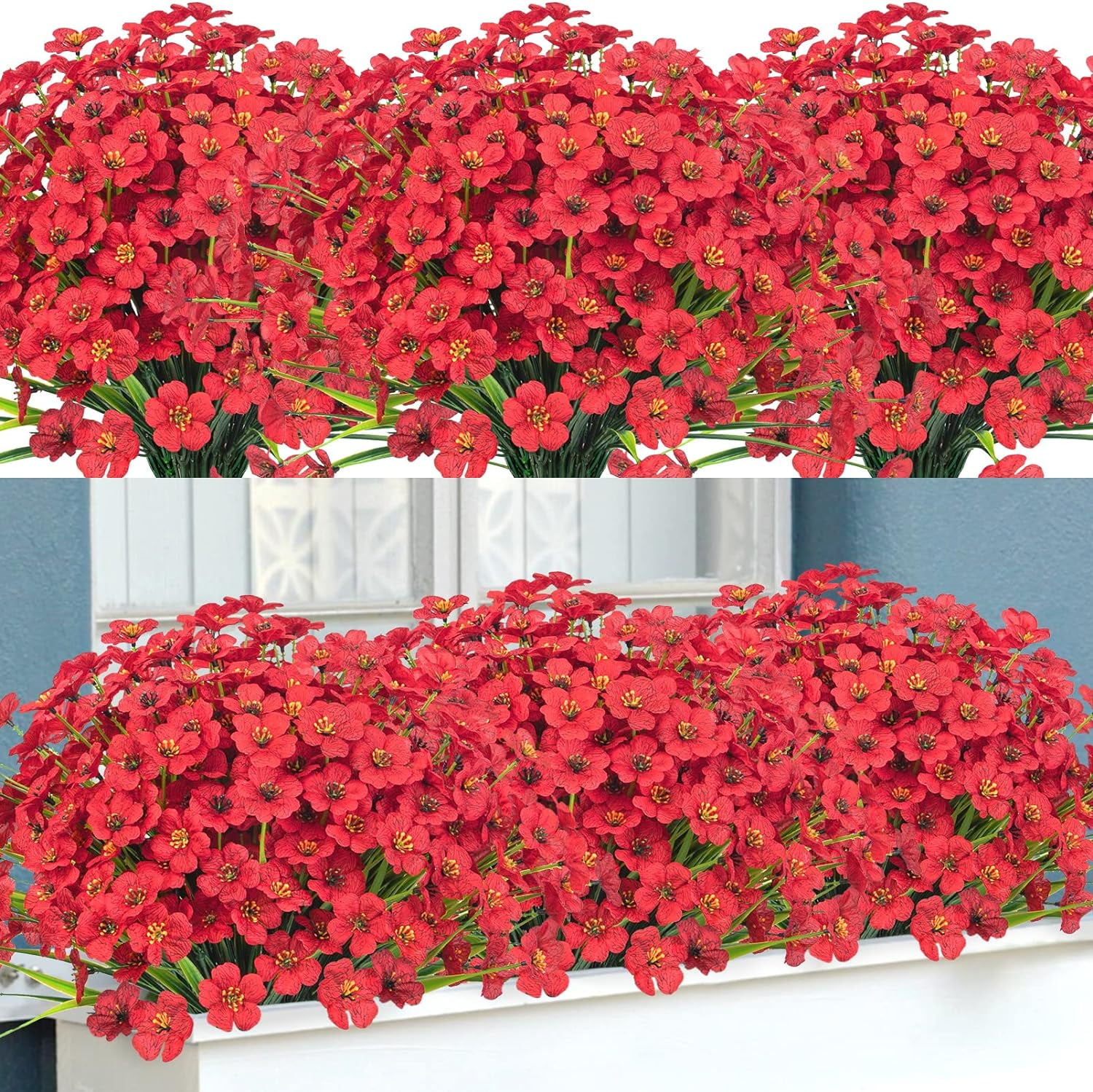Artificial Flowers for Outdoors Faux Plastic Plants Fake Flowers UV Resistant Greenery Shrubs for Garden Porch Home Window Box Decor (Red)