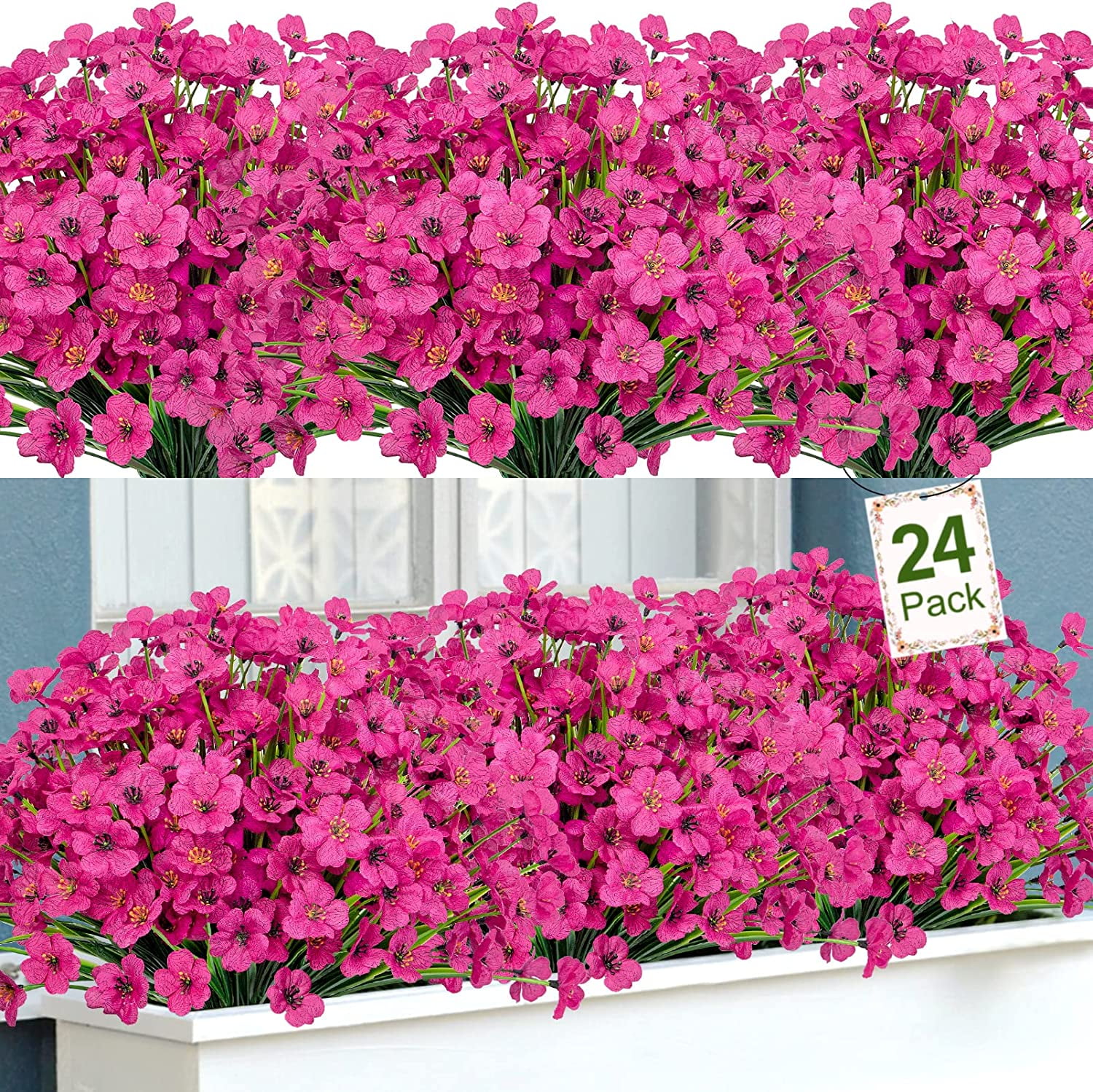 Artificial Flowers for Outdoors Faux Plastic Plants Fake Flowers UV Resistant Greenery Shrubs for Garden Porch Window Box Home Decor (Rose Red)