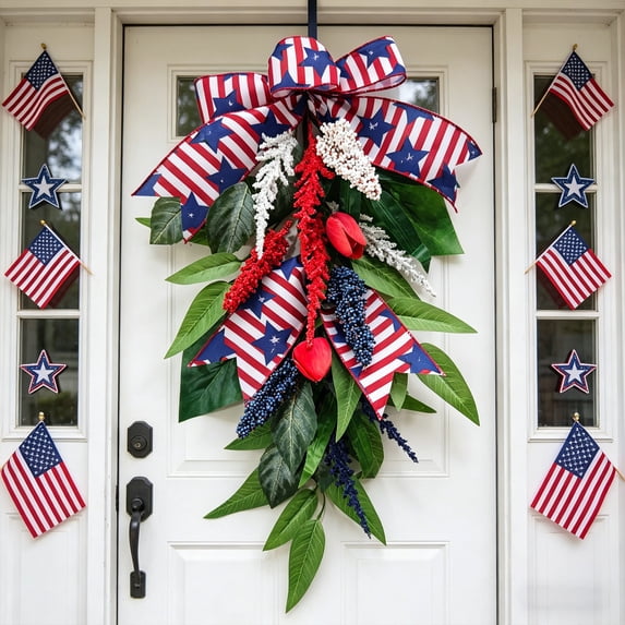 Artificial Flowers for Outdoors,Hanging Fake Rose Flowers,Decorative Rose Teardrop Swag for Front Door,Wall,Memorial Day Party Decor,19.6 Inch