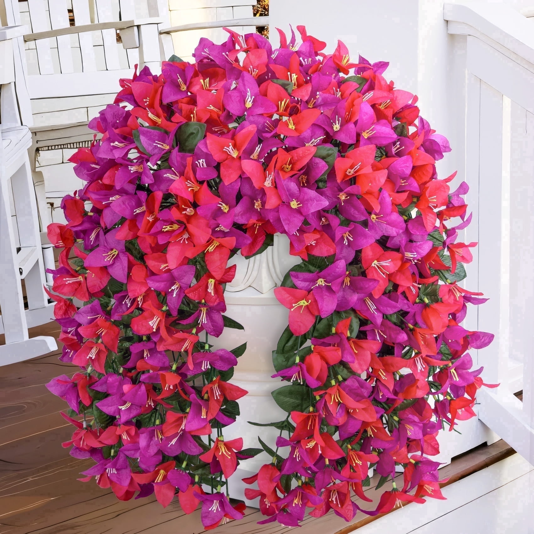 Scidweet Artificial Bougainvillea Flowers for Outdoors, 4 Pcs Faux Silk Hanging Flowers Long Trailing Fake Vines for Front Door Porch Yard Balcony Patio Summer Spring Home Decor, Red Purple