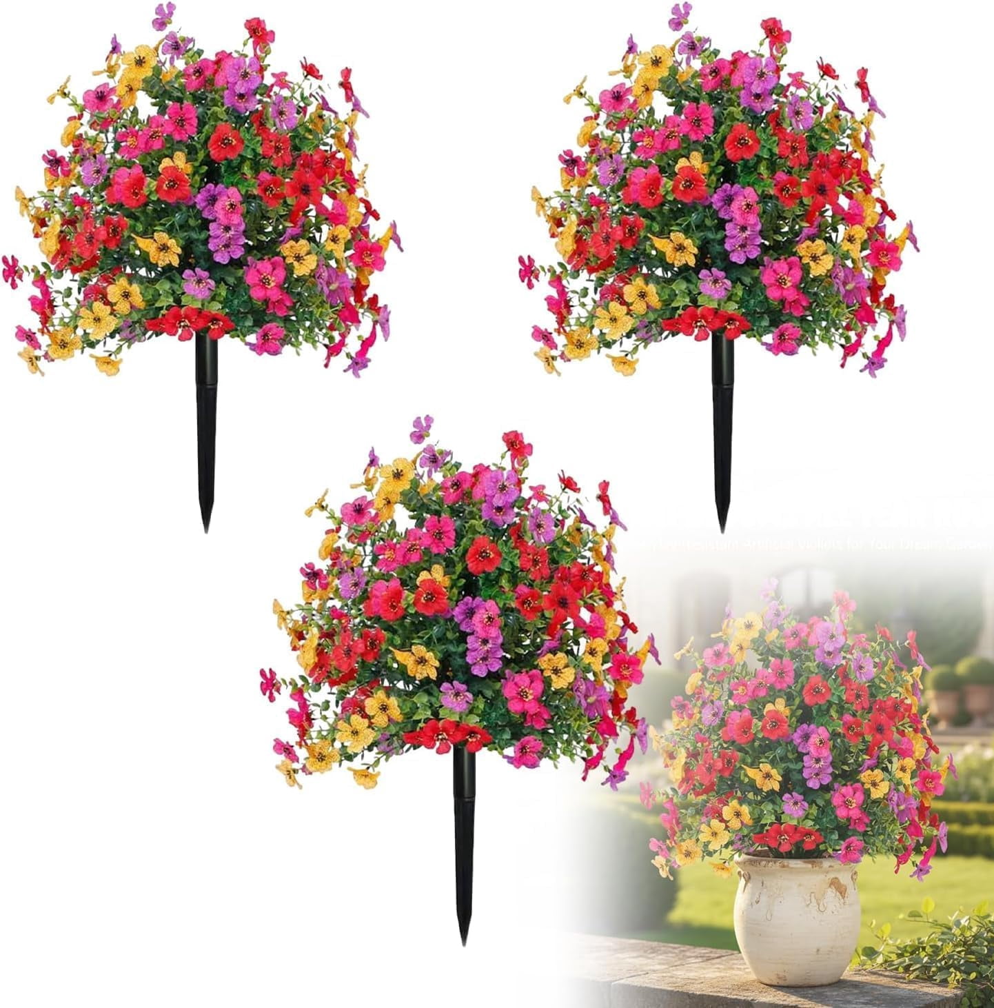 Artificial Flowers for Outdoors with Ground Stakes, 22 Inch UV Resistant Waterproof Faux Violet Blooms, Decorative Garden and Porch Display