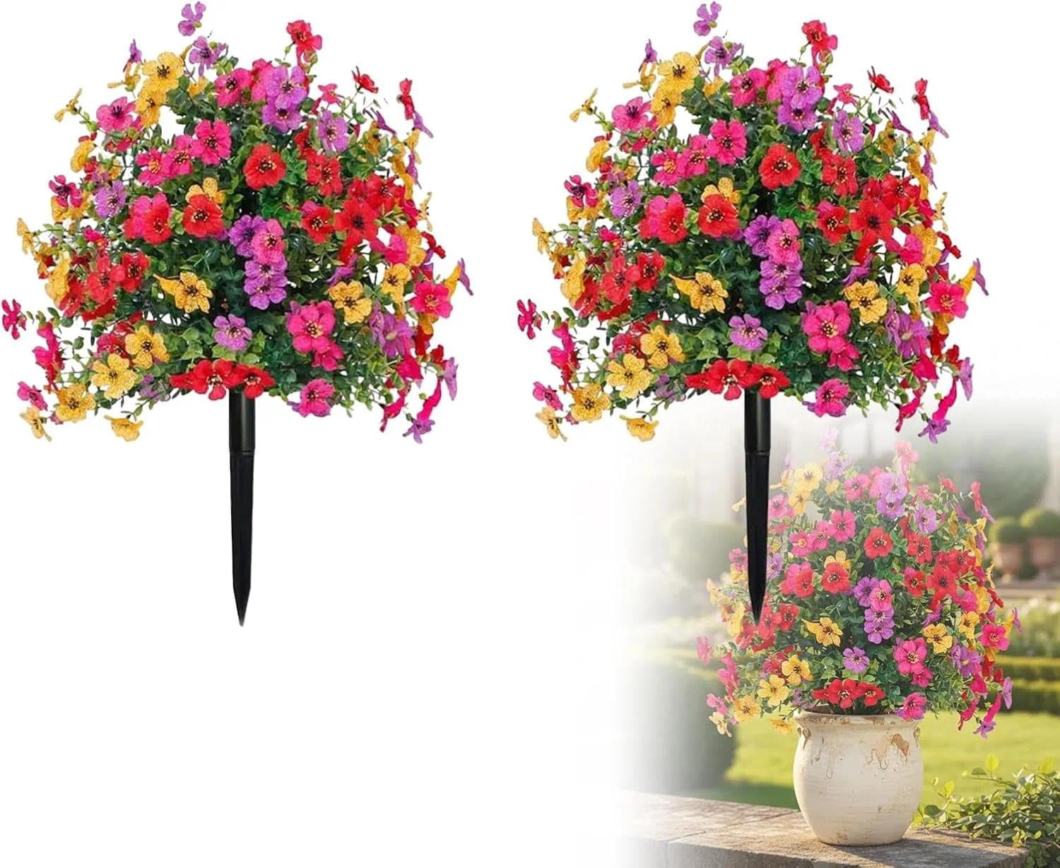 Artificial Flowers for Outdoors with Ground Stakes, 22 Inch UV Resistant Waterproof Faux Violet Blooms, Decorative Garden and Porch Display