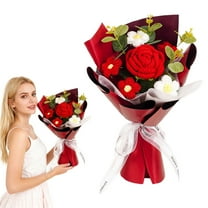 Artificial Flowers for christmas Handmade Crochet Flower Bouquet Rose and Puff Flower Arrangement for Qixi Festival Birthday，Christmas