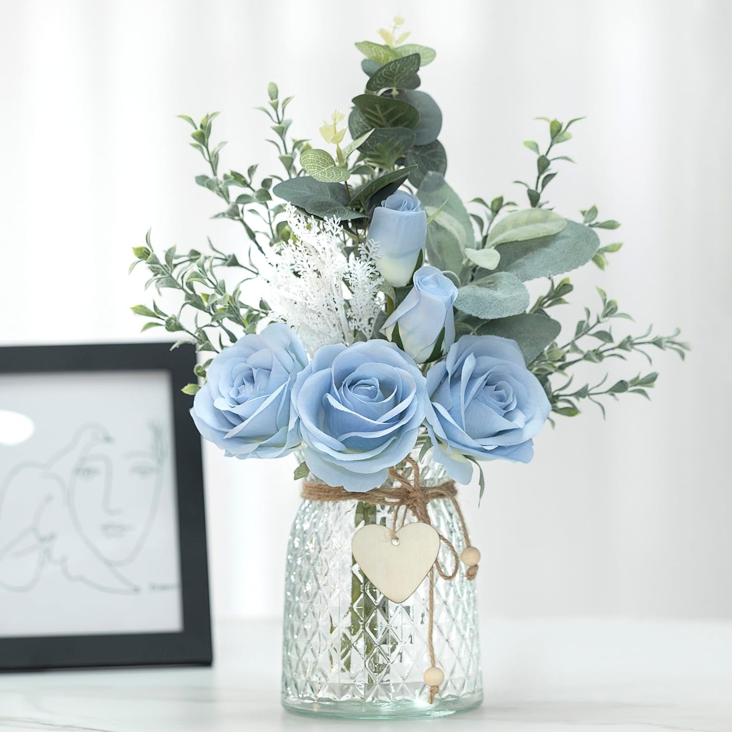 Artificial Flowers with vase，Fake Silk Roses in Vase for Home Decor ，Table Centerpieces for