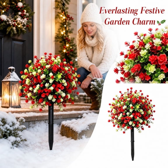 Artificial Flowers with Ground Stakes Featuring Red and White Berry Blooms, 1-Piece, Red and White, for Outdoor Yard and Garden Christmas Decoration