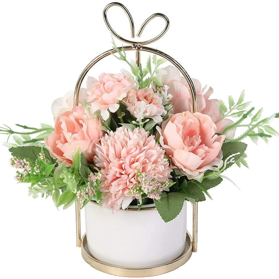 Artificial Flowers with Vase Fake Peony Silk Hydrangea Faux Wildflowers Arrangements in Vase for House Table Office Desk Decor (Pink)