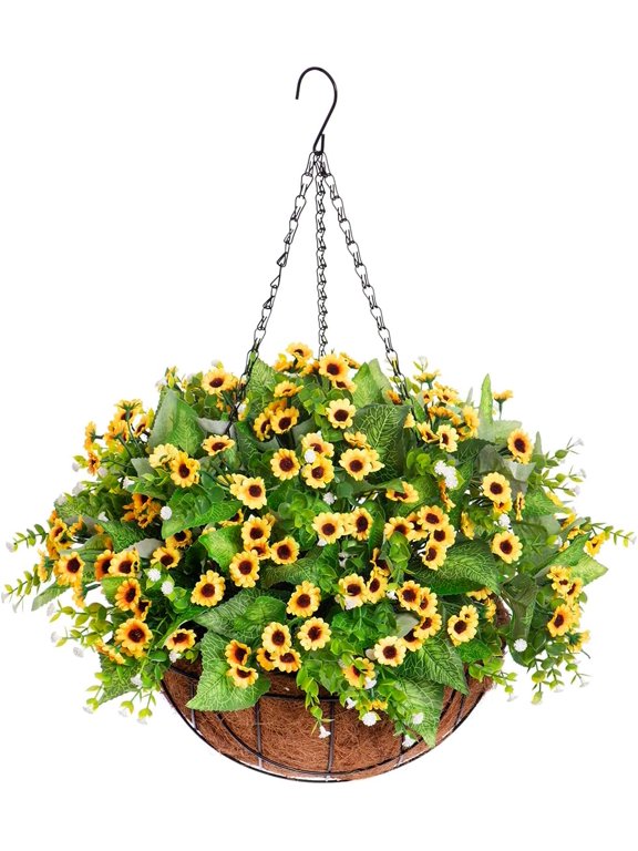 Artificial Flowerswith Hanging Basket for Outdoor Indoor,Fake Hydrangea Flowers in Coconut Lining Hanging Basket Home Courtyard Spring Decor,4 Branches Hydrangea Flowers in 12'' Basket(violet)