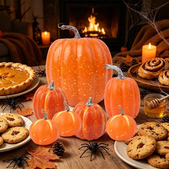 Artificial Foam Pumpkin Set 7 Pack, Assorted Size Fake Pumpkins In Orange Black White, Fall Harvest Halloween Table Centerpiece And Tiered Tray Decor