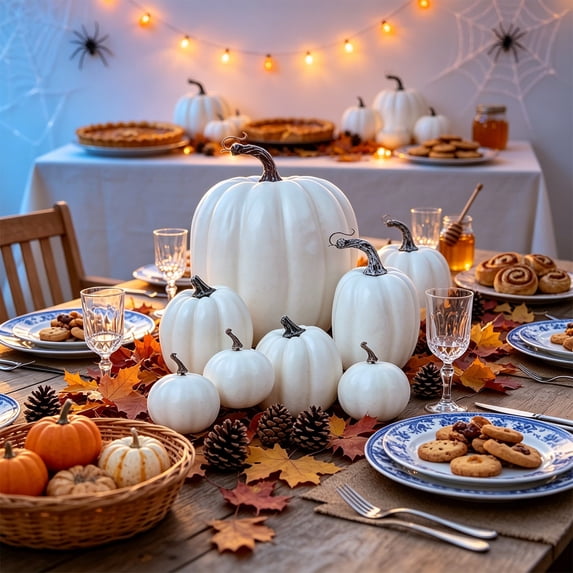 Artificial Foam Pumpkin Set 7 Pack, Assorted Size Fake Pumpkins In Orange Black White, Fall Harvest Halloween Table Centerpiece And Tiered Tray Decor