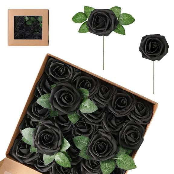 TiokMc 25 Pcs Artificial Rose Flowers with Stems and Leaves, Black Fake Roses for Wedding Bouquets, Party Décor, Baby Shower, DIY Arrangements, Home Decoration