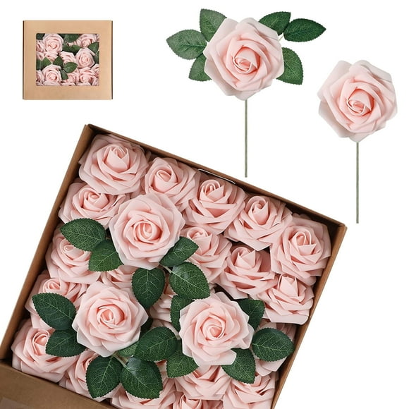 TiokMc 25 Pcs Artificial Rose Flowers with Stems and Leaves, Pink Champagne Fake Roses for Wedding Bouquets, Party Décor, Baby Shower, DIY Arrangements, Home Decoration