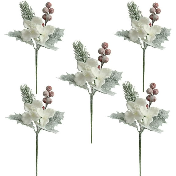 Artificial Frosted Pine Branches Twig Snow Covered Berries and Pick Christmas Halloween/Thanksgiving Decoration Holiday Table Supplies Decor (Cotton)