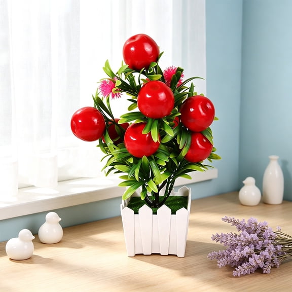Artificial Fruit Tree Potted Bonsai, Simulation Fence Pot Decorations with 9 Headed Fruit (Red)