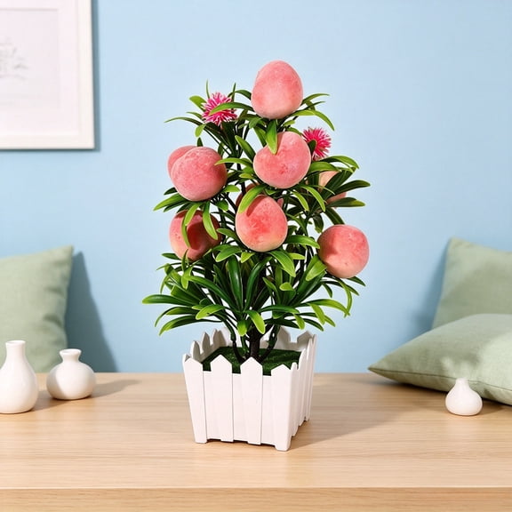Artificial Fruit Tree Potted Plant, Fake Peach Orange Apple Fruit Bonsai with Fence Pot Tabletop Home Decor Ornament
