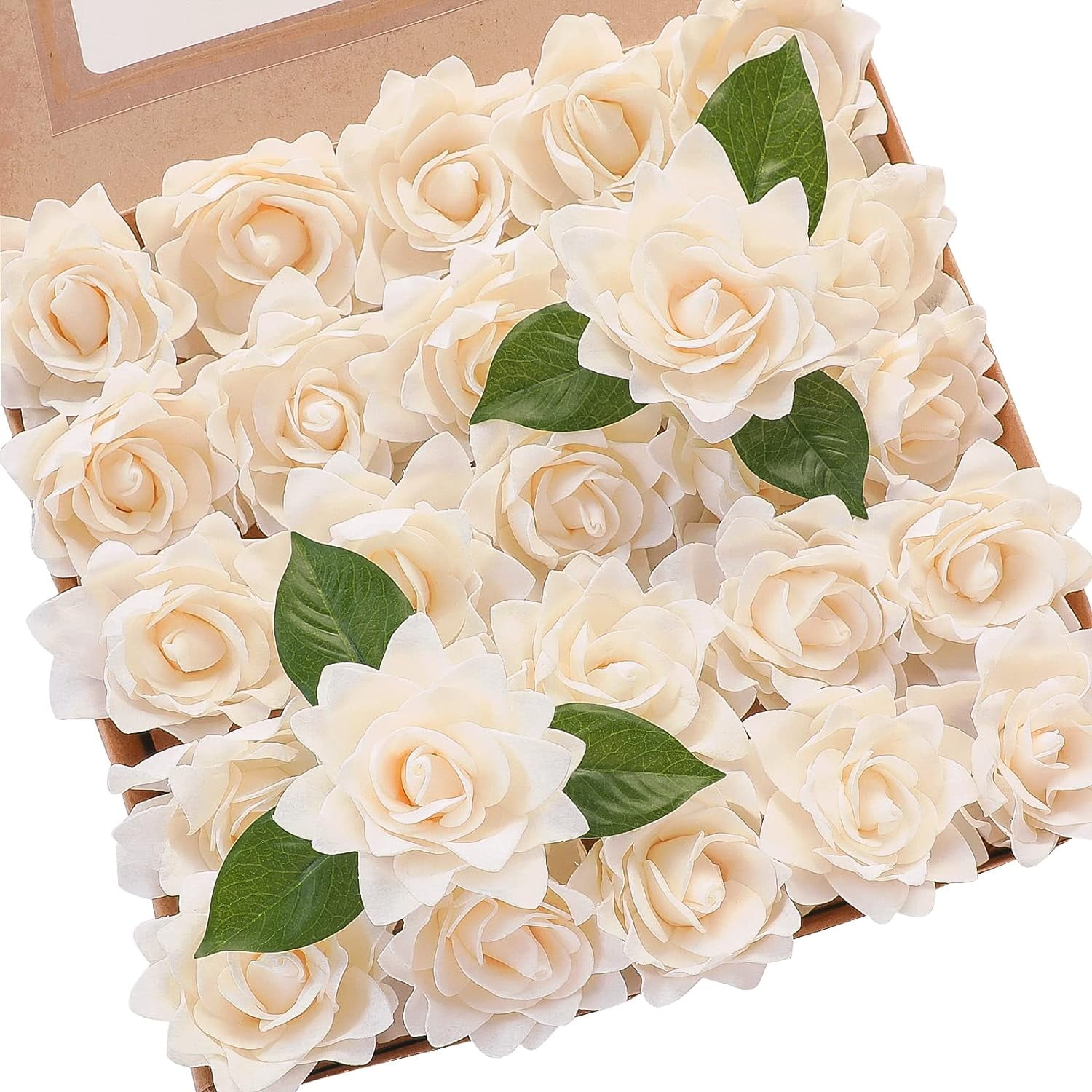 Artificial Gardenia Flowers 2.7" 25pcs Real Looking Ivory Foam Fake Flowers with Stems for DIY Wedding Bouquets Bridal Shower Centerpieces Floral Arrangements Party Tables Home Decorations