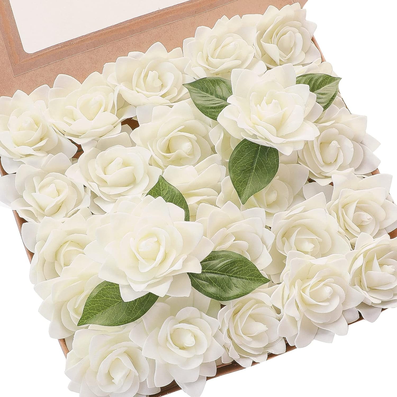 Artificial Gardenia Flowers 2.7" 25pcs Real Looking Ivory Foam Fake Flowers with Stems for DIY Wedding Bouquets Bridal Shower Centerpieces Floral Arrangements Party Tables Home Decorations