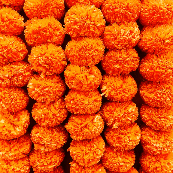 Artificial Genda/Marigold Flowers Long Strands for Indian Decoration, Wedding, Party, Birthday, Diwali, House Warming Ceremony Pack of 5-Dark Orange