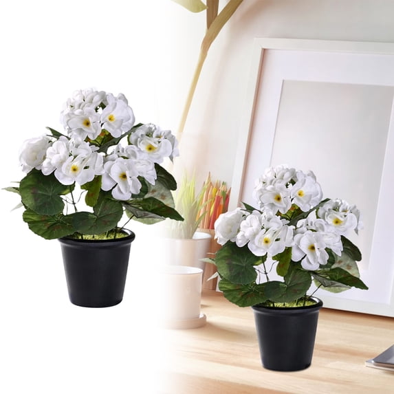 Artificial Geranium & Begonia Potted Plant White Silk Flowers Faux Decorative Plant Small Fake Pot Plant Indoor Bathroom Desk Shelf Home Outdoor Decor 10.2–16in 1PC