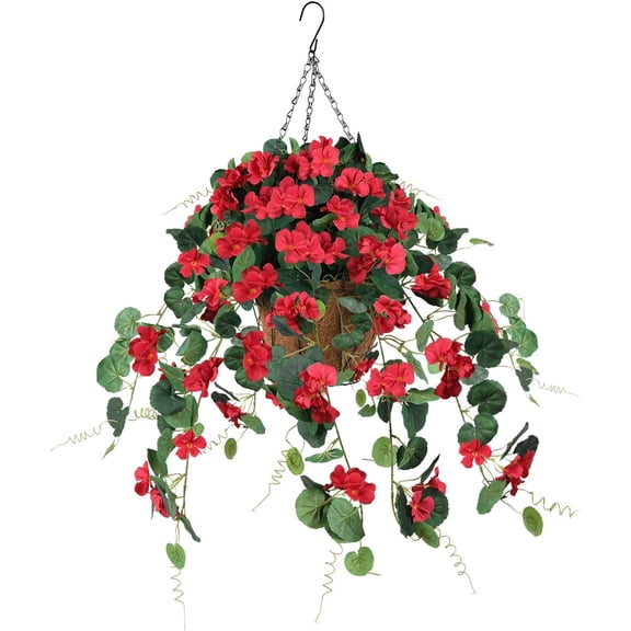 Artificial Geranium Flower in Hanging Basket,12 inch Coconut Lining Hanging Basket with Artificial Vine Begonia Plants for The Decoration of Outdoor and Indoor(Pink)