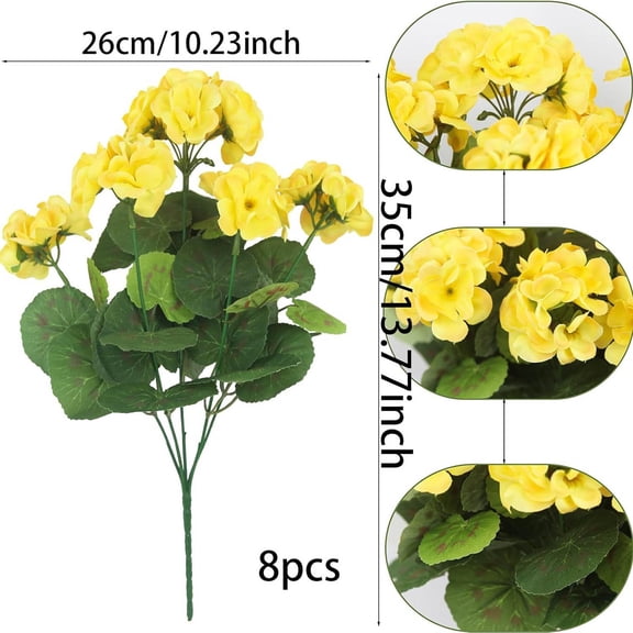 Artificial Geranium Flower Outdoor Decor,Realistic Faux Flower Bouquet Maintenance Free Decorative Plant Arrangement Weather Resistant Display,for Balcony Patio Garden Outdoor Decoration-Yellow