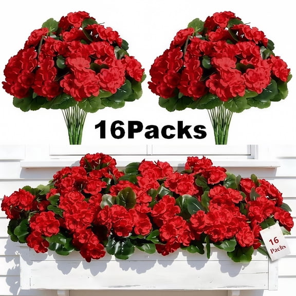 Artificial Geranium Flowers - 16 Bundles, UV Resistant Fake Plants, Silk Floral for Outdoor Porch Garden Decor, Red