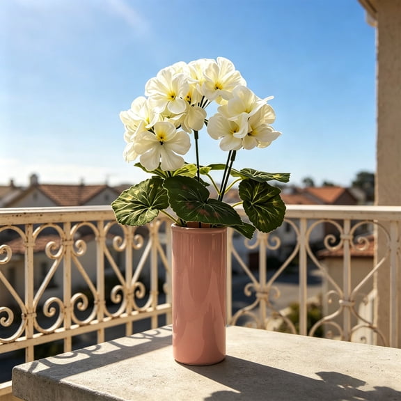 Artificial Geranium Flowers, 5 Head Faux Silk Stem, Lifelike Blooming Foliage, Sun Resistant Floral Pick, Vase Arrangement, Home Office Patio Porch Decor, Low Maintenance Accent