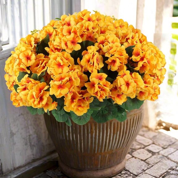 Artificial Geranium Flowers for Outdoors Geranium Silk Flowers Outdoor UV Resistant Garden Plants Faux Flowers for Home Kitchen Table Centerpieces Decor 12 Yellow