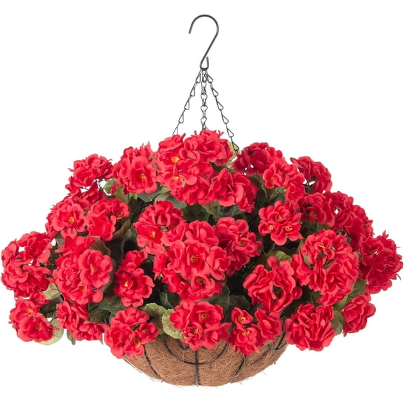 Artificial Geranium Hanging Basket with Faux Flowers and Leaves for Outdoor Use UV Resistant Red