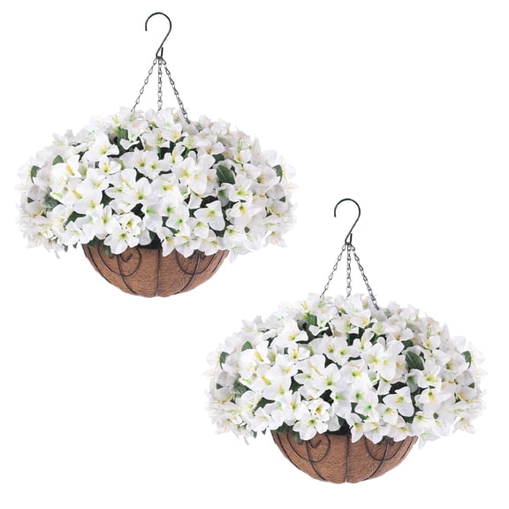 Artificial Geranium Hanging Baskets – 2 Sets of 24 White Faux Flowers, Sturdy Iron Frame & Natural Fiber Basket, Perfect for Indoor & Outdoor Decoration, Porch, Patio, Balcony, Garden – White