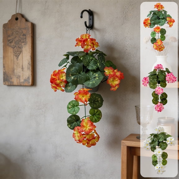 Artificial Geranium Hanging With Pot, Orange Fake Flowers Decoration, Realistic Faux Floral Arrangement, Hanging PlantS Decor for Home, Porch, Patio, Wall, Indoor Outdoor, Pink
