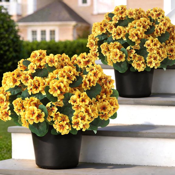 Artificial Geranium Topitary Trees Yellow 2 Pack Indoor Outdoor Decor