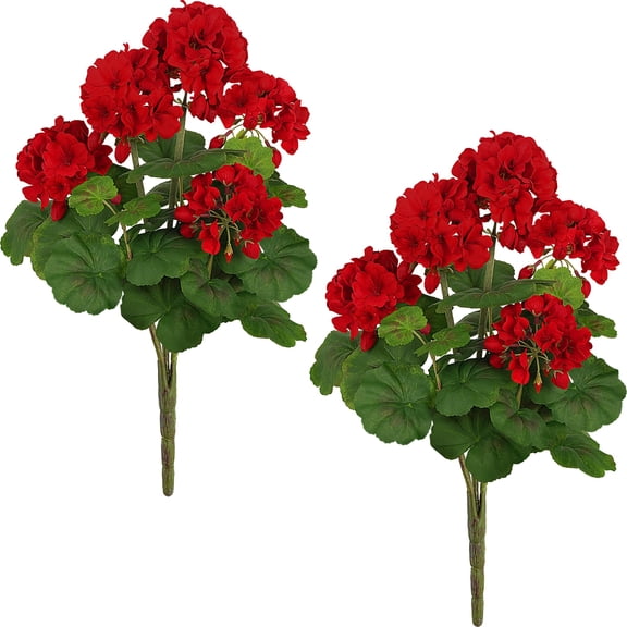 Artificial Geraniums, 2 Pack 18 Inch Ruby Red, Outdoor Garden Porch Patio Decor