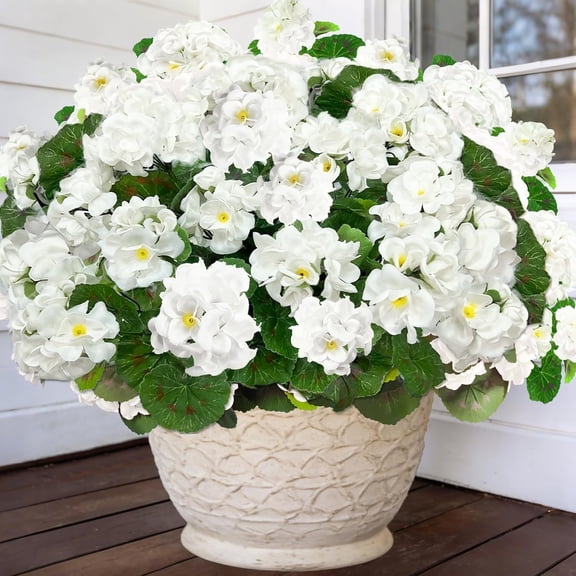 Artificial Geraniums Flowers for Outdoors Summer Decoration, 4 Bundles Fake Flowers Silk White Flowers UV Resistant No Fade Faux Plants for Planter Gardens Table Porch Indoor Cemetery Decor