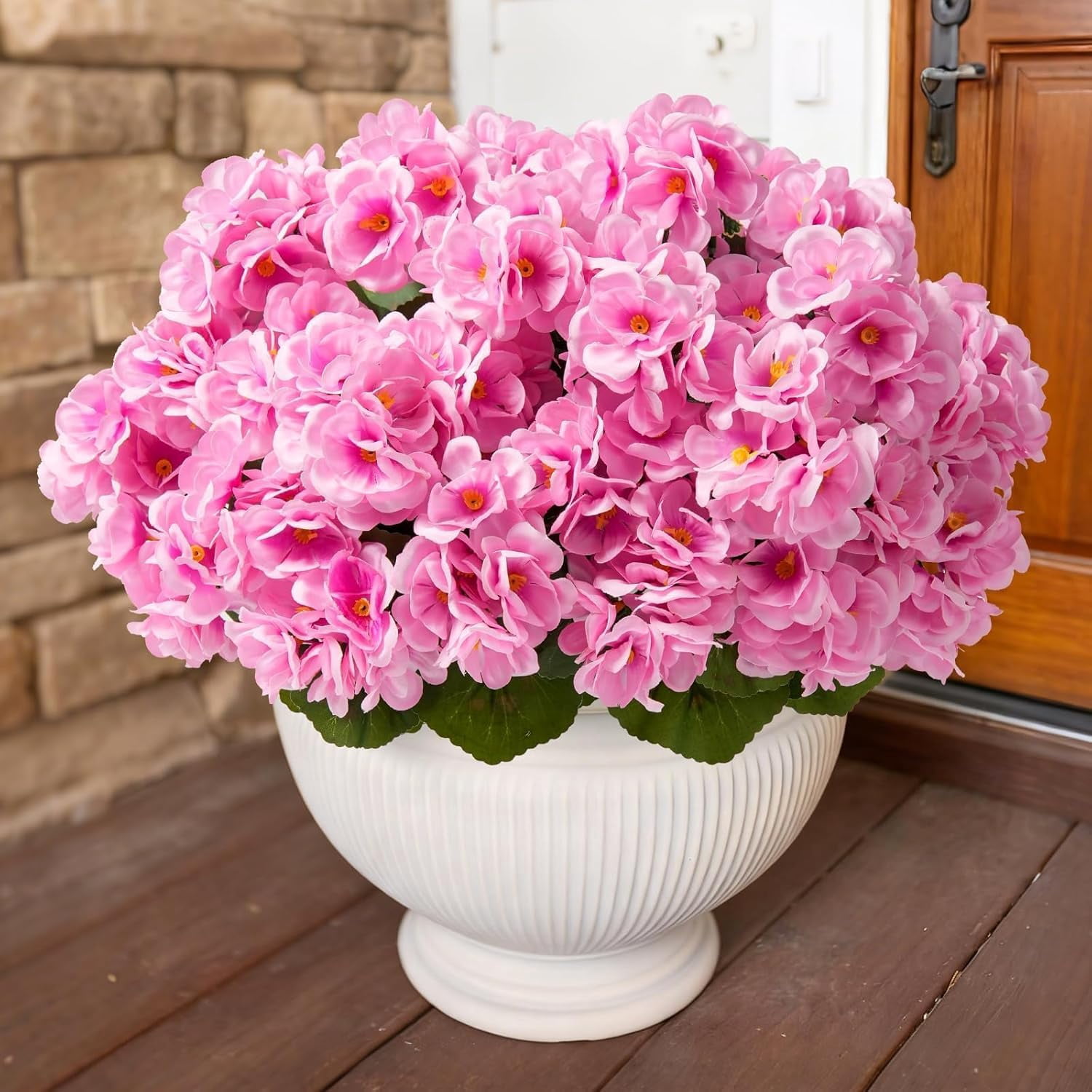 Artificial Geraniums for Outdoors Faux Plants UV Resistant Flowers Outside Fake Silk Flowers Bulk Realistic Plastic Greenery for Home Porch Planter Patio Decor, 6 Bundles (Pink)