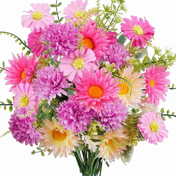 Artificial Gerbera Daisy Faux Wildflowers Fake Bouquet Pink Silk Flowers Floral Arrangements for Table Centerpiece Cemetery Flowers Funeral Grave Home Decor Indoor Wedding Outdoor