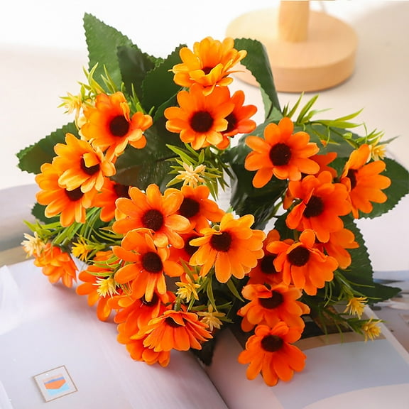 Artificial Gerbera Daisy Small Flower Bouquet 12in 2 Pack Realistic Fake Floral Arrangement Vibrant Handheld Centerpiece for Vase Home Office Party Wedding Decor Gift