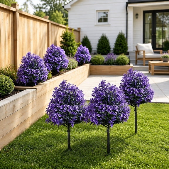 Artificial Gladiolus Topiary Ball Outdoor, VVQ Faux Shrub With Ground Stake For Garden Decor, Weather Resistant Plastic Flowers For Porch Patio Summer Decoration, Purple