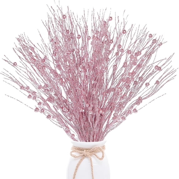 Artificial Glitter Berry Stem Ornaments,12 Pcs Christmas Decorative Glittery Twigs, Picks, Branches,Decorative Berry Sticks for Xmas Tree, Vase, Party, Home Decor (Pink)