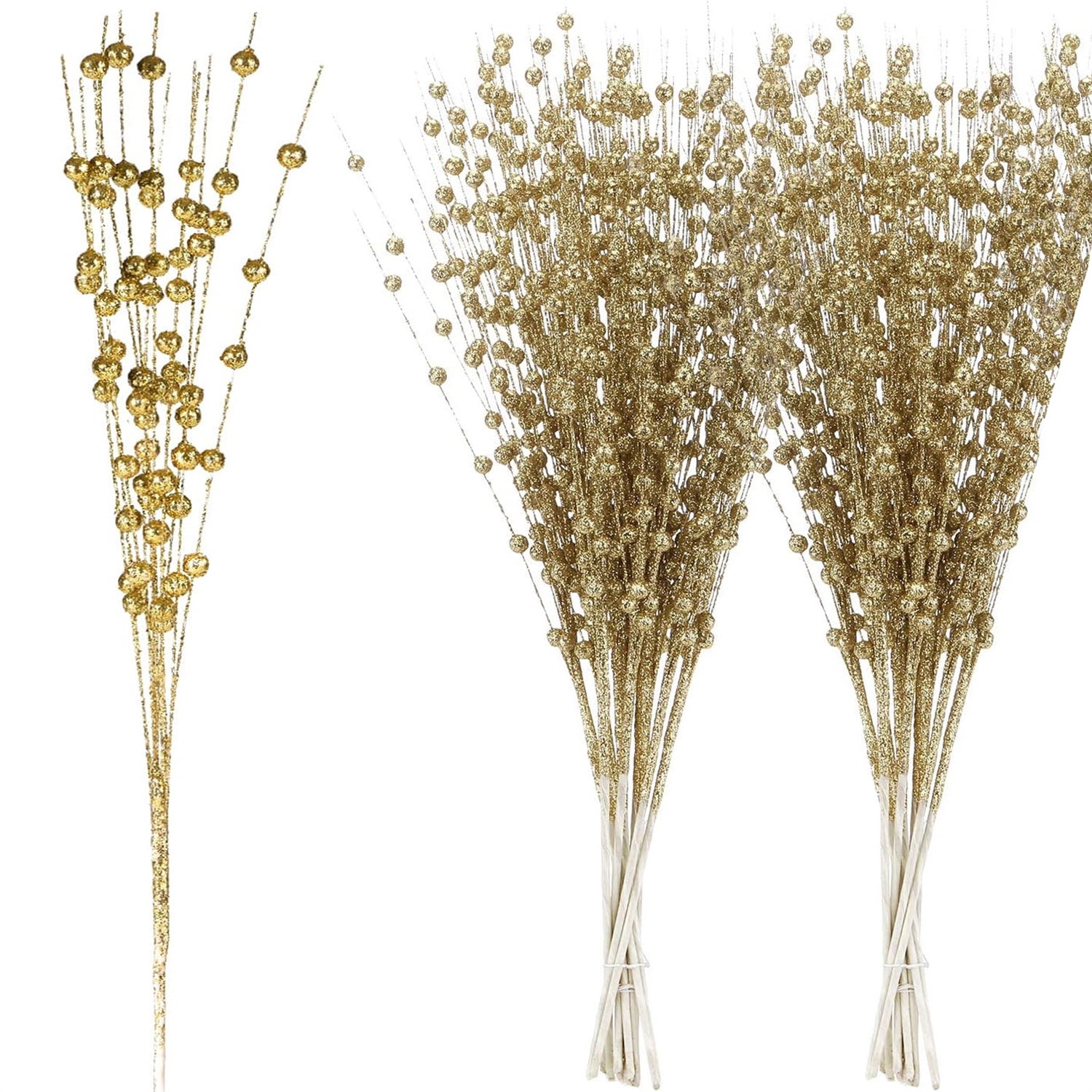Artificial Glitter Berry Stem Ornaments,Bexikou 17Inch Christmas Artificial Berry Twig Glitter Sticks,Decorative Glitter Sticks for Christmas Tree, Small Vase, Holiday, Wedding, Party(Gold, 24)