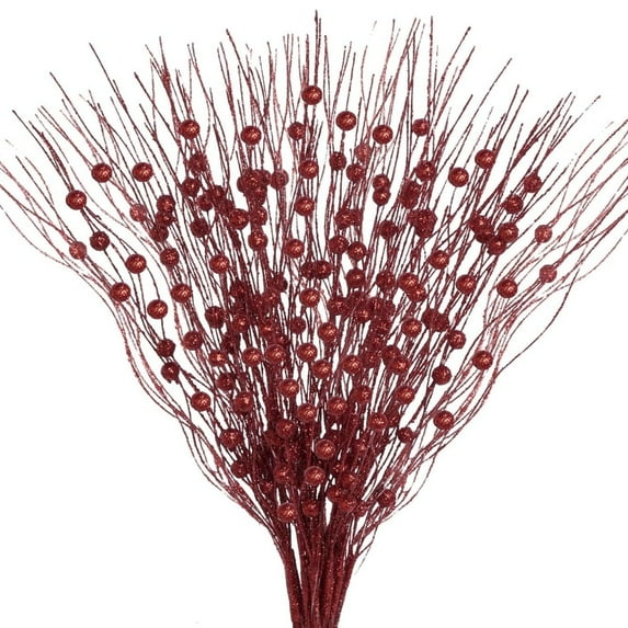 Artificial Glitter Berry Stem Ornaments Christmas Glitter Berry Stem 12 Pcs Fake Branch Tree Picks Flowers for Xmas Tree Vase Wedding Party Decoration Red Christmas Decorations,17 inch Long