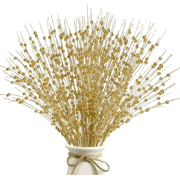 Artificial Glitter Berry Stems,10 Pack Fake Berry Branch Picks Decorative,Glitter Sticks Christmas Tree Ornaments for DIY Xmas Wreath Crafts Gifts Holiday Home Décor,Gold,17 inch