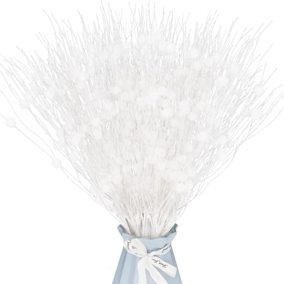 Artificial Glitter Berry Stems 12 Pcs White Christmas Decoration Twisted Glittery Twigs Christmas Tree Picks Branches Ornaments for Xmas Vase Holiday Wedding Party (17 inch)