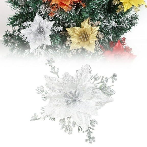 Artificial Glitter Christmas Flowers with Clips, Poinsettia Ornaments for Christmas Tree, Wedding & Garland Decorations (White)