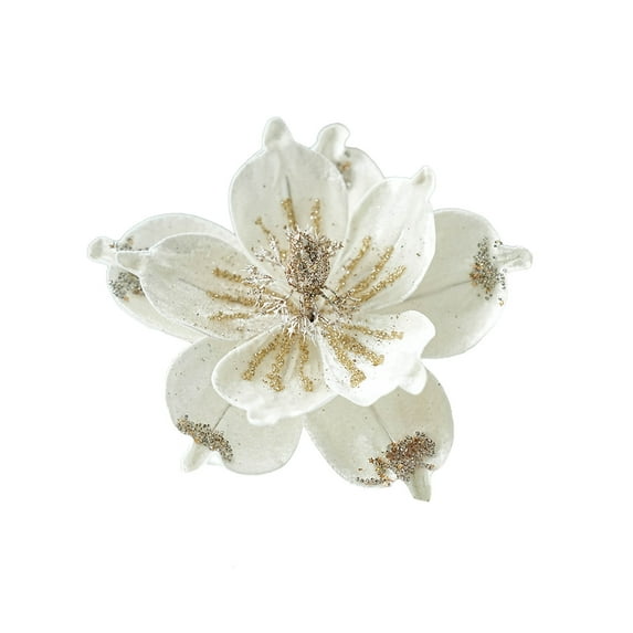 Artificial Glitter Magnolia Flowers Christmas Poinsettia Ornaments Picks 9.4" for Christmas Tree Wreath Garland Xmas New Year Decoration, White