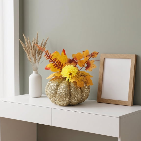 Artificial Glitter Pumpkin Ornament, 9-Inch Faux Dahlias and Autumn Leaf Decor for Thanksgiving Table Setting