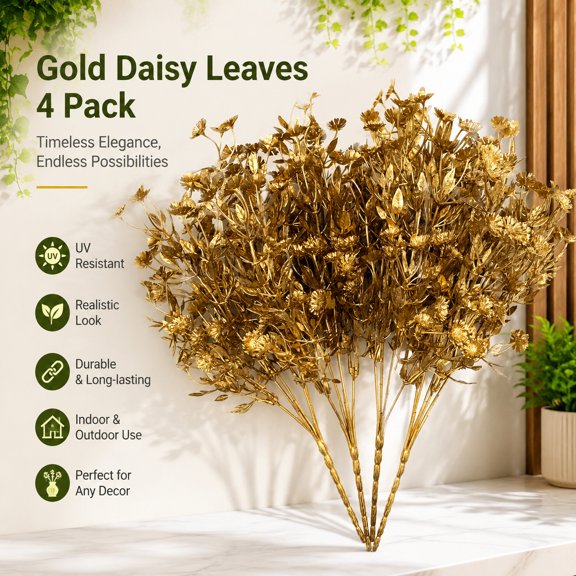 Artificial Gold Flowers Plastic Golden Daisy Leaves Faux Shrubs Indoor Outdoor Garden Planter Filler Wedding Party Home Decor 4 Pack