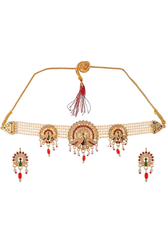 Artificial Gold Jadau Jewellery Rajputana Rajasthani Antique Traditional Ethnic Wear Pearl Beaded Choker Necklace set Earrings(MIBDDCHKR970GP)