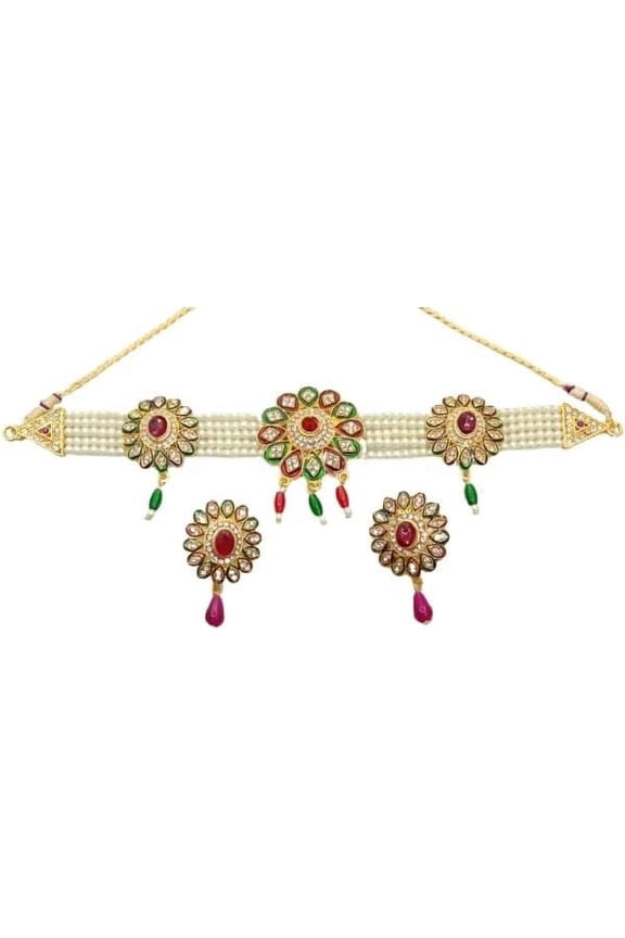 Artificial Gold Jadau Jewellery Rajputana Rajasthani Antique Traditional Ethnic Wear Pearl Beaded Choker Necklace set Earrings(MIBDDCHKR975RDGRNCPY)