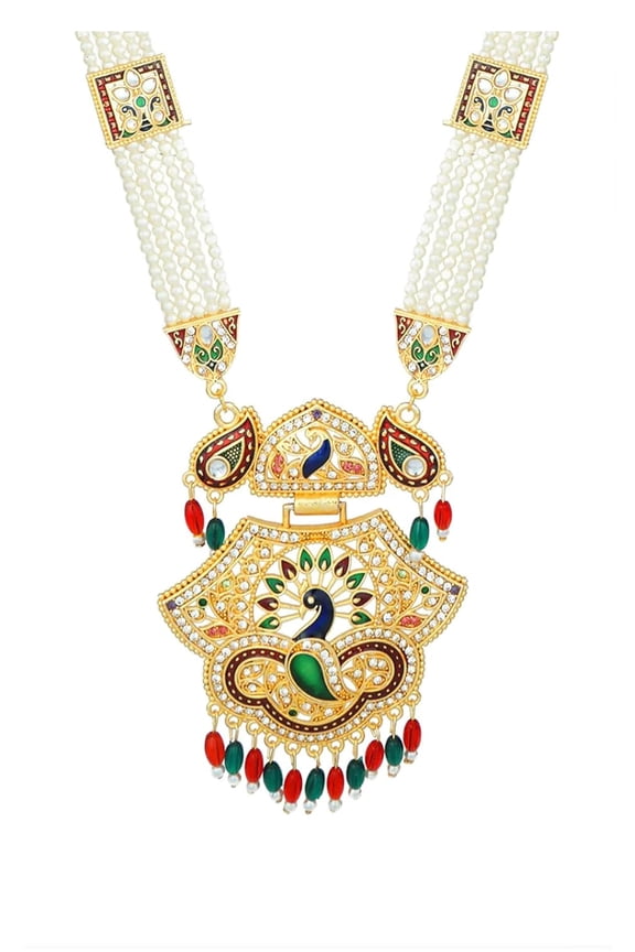 Artificial Gold Jadau Jewellery Rajputana Rajasthani Marwadi Style Antique Traditional Stylish Ethnic Wear Gold Plated Pendant Rani Haar Necklace set Earrings (PLK BDD LNG)